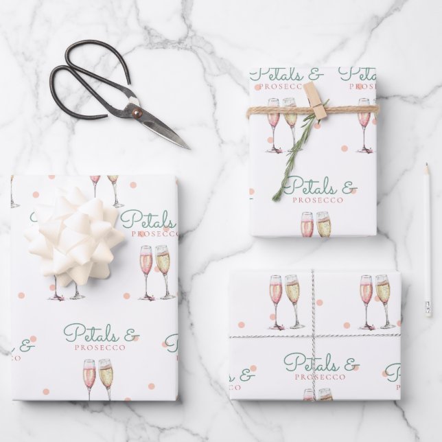 Petals and Prosecco Bridal Shower Wrapping Paper Sheets (Front)