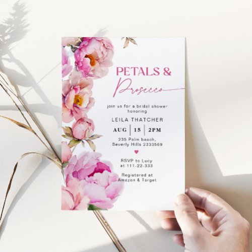 Petals and prosecco bright pink bridal shower invitation
