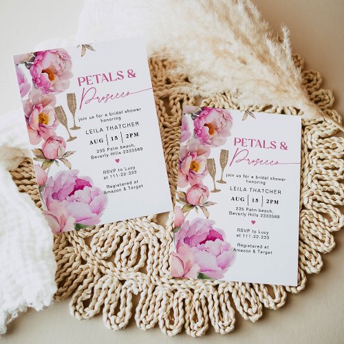 Petals and prosecco bright pink bridal shower invitation