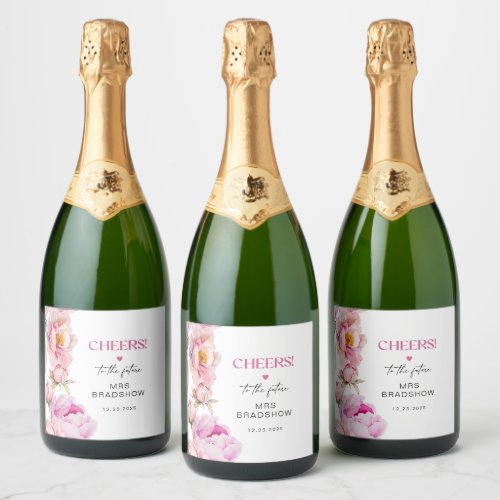 Petals and prosecco bright pink peony bridal sparkling wine label