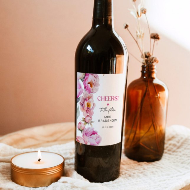 Petals and prosecco bright pink peony bridal wine label (Creator Uploaded)