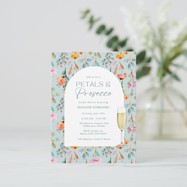 Petals and Prosecco Budget Bridal Shower Party Postcard (Standing Front)