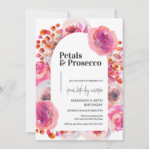 Petals and Prosecco  Elegant 40th Birthday Invitation
