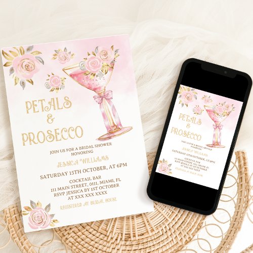 Petals and Prosecco Elegant Floral Bridal Shower Invitation