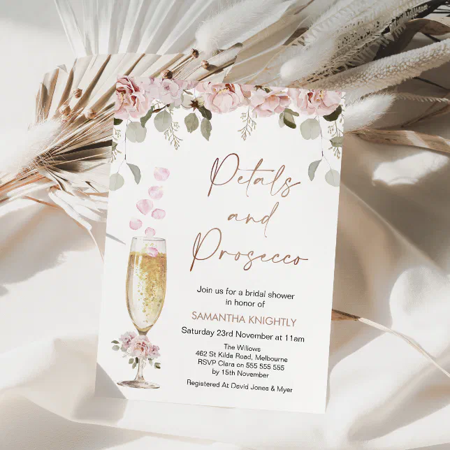 Petals and Prosecco Floral And Glass Bridal Shower Invitation | Zazzle