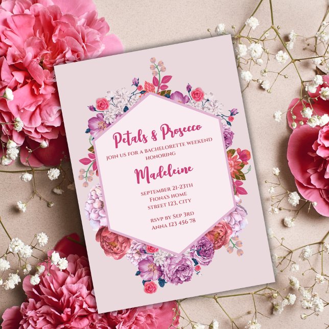 Petals And Prosecco Floral Bachelorette Weekend Invitation (petals and prosecco bachelorette party weekend itinerary pink floral wreath )