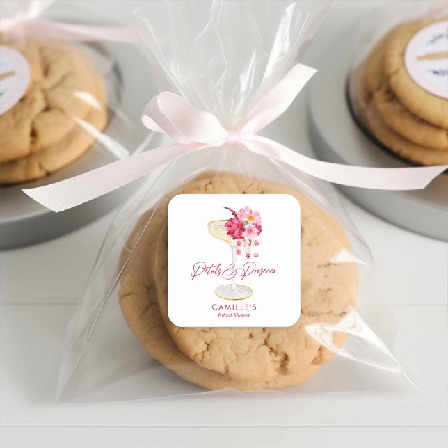 Petals and Prosecco Floral Bridal Shower Favor Square Sticker (Champagne Pink Floral Bridal Shower Favor Stickers)