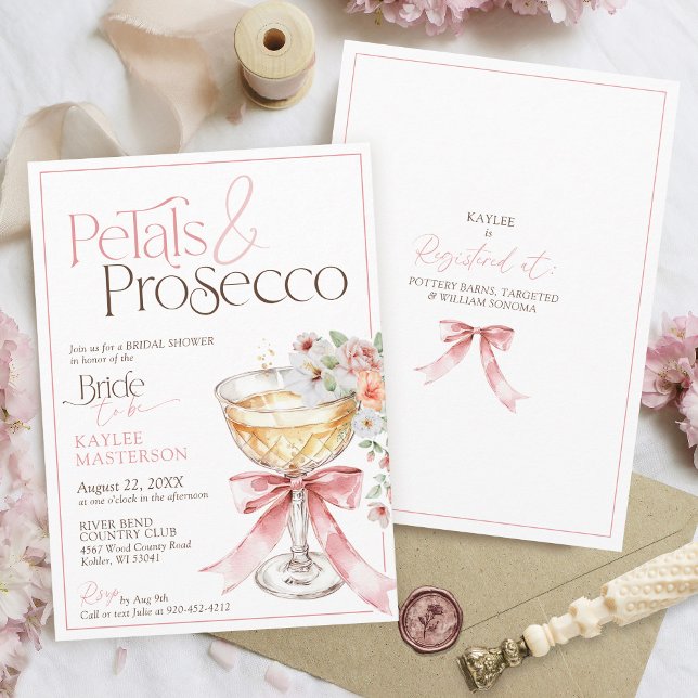 Petals and Prosecco Floral Champagne Bridal Shower Invitation (Petals and Prosecco pink watercolor coquette elegant floral champagne coupe bridal shower invitation)
