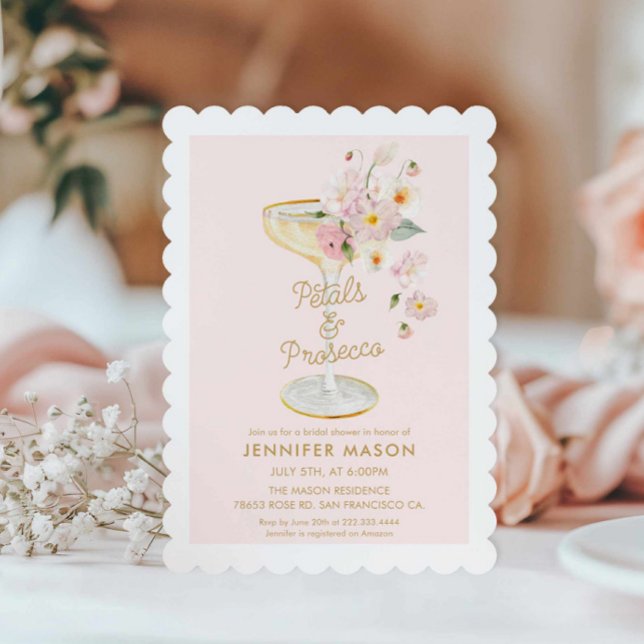 Petals and Prosecco Garden Bridal Invitation (Blush Pink Petals and Prosecco Bridal Shower Invitation)