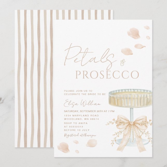 Petals and Prosecco Ivory Bow Bridal Shower  Invitation (Front/Back)