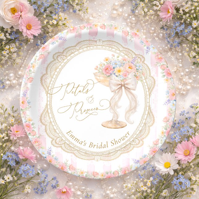 Petals and Prosecco Pink and Gold Bridal Shower Paper Plates (Creator Uploaded)