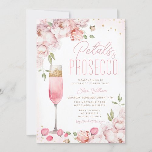 Petals and Prosecco Pink Floral Bridal Shower  Invitation