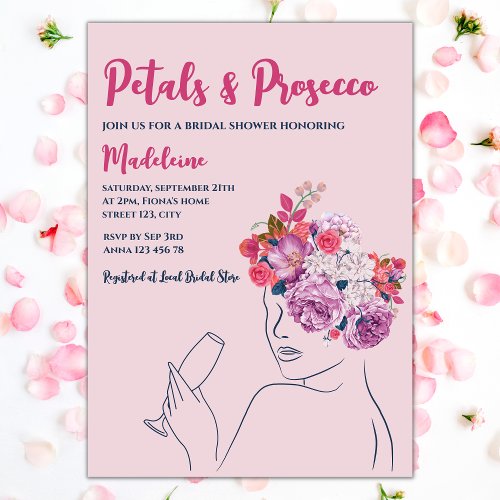 Petals And Prosecco Pink Floral Bridal Shower Invitation