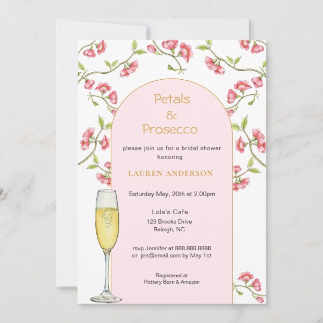 Petals and Prosecco Pink & Gold Bridal Shower Invitation (Front)