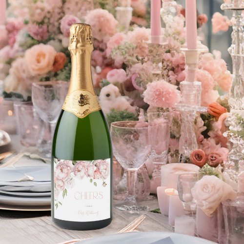 Petals and Prosecco Pink Rose Floral Bridal Shower Sparkling Wine Label