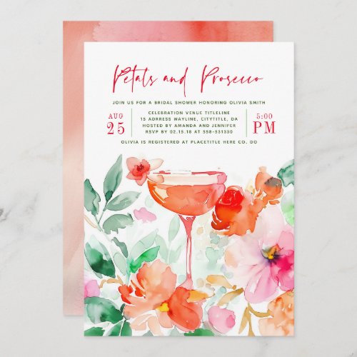 Petals and Prosecco Red Pink Floral Bridal Shower Invitation