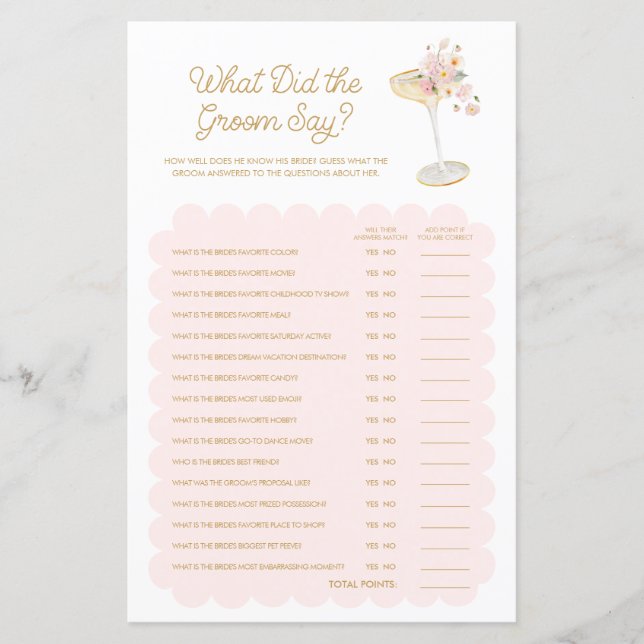 Petals and Prosecco What did the Groom Say Game (Front)