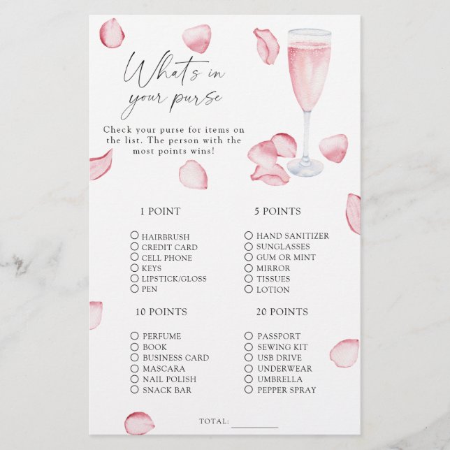 Petals and Prosecco - What's in your purse game (Front)