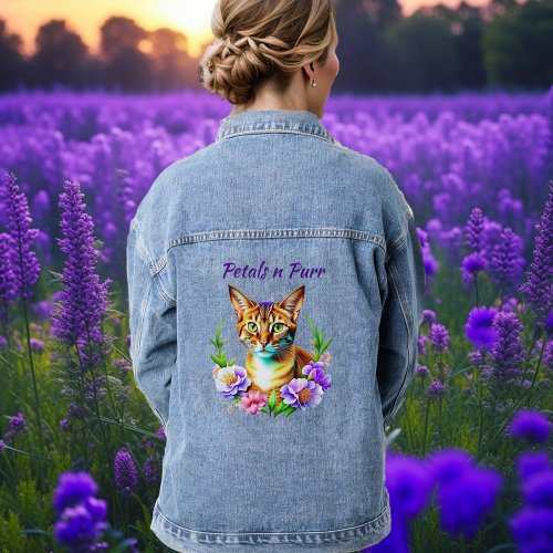 Petals and Purr Cute Cat and Pretty Flowers Denim Jacket