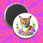 Petals and Purr Cute Cat and Pretty Flowers Magnet<br><div class="desc">Pretty watercolor style ai art with a cute tabby cat surrounded by pink and purple flowers.</div>