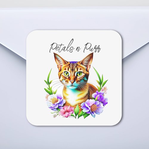 Petals and Purr Cute Cat and Pretty Flowers Square Sticker