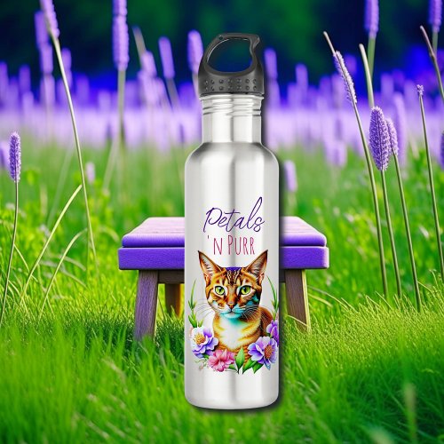 Petals and Purr Cute Cat and Pretty Flowers Stainless Steel Water Bottle