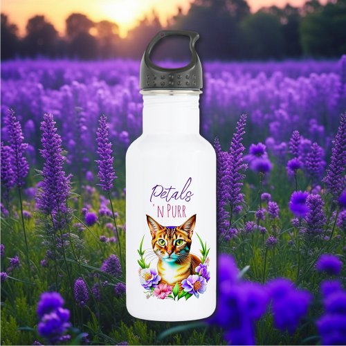 Petals and Purr Cute Cat and Pretty Flowers Stainless Steel Water Bottle