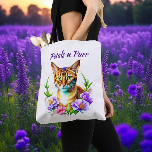 Petals and Purr Cute Cat and Pretty Flowers Tote Bag