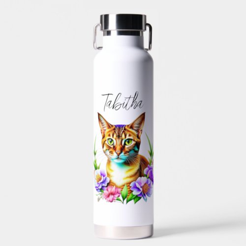 Petals and Purr Cute Cat and Pretty Flowers Water Bottle