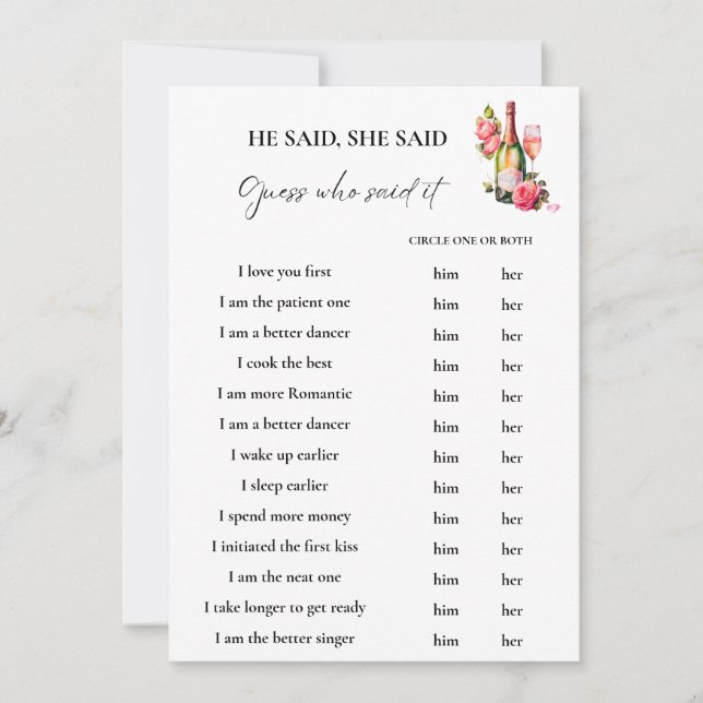 Petals he said she said Bridal shower Game Card (Front)
