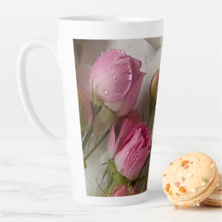 Petals in Pearls  Pink Flowers Glistening in Dewy  Latte Mug