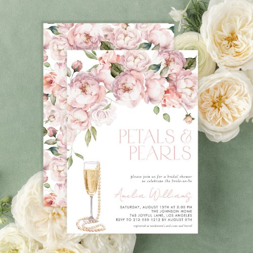 Petals  Pearls  Modern Pink Floral Bridal Shower Invitation