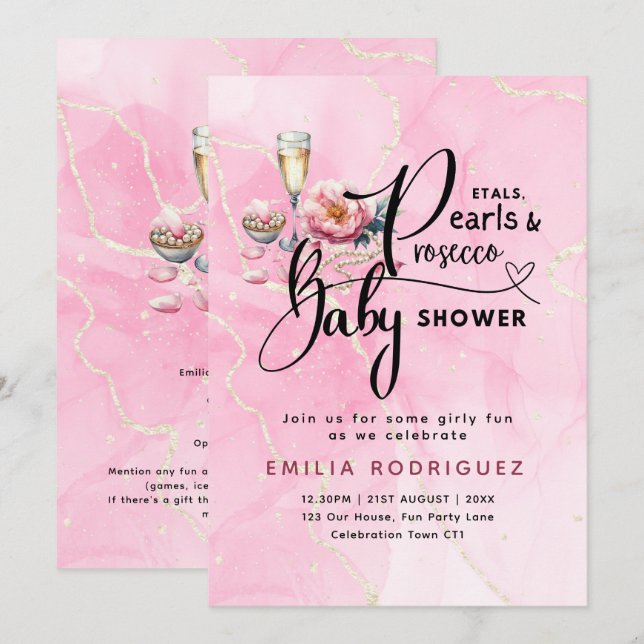 Petals Pearls Prosecco Baby Shower Invitation (Front/Back)
