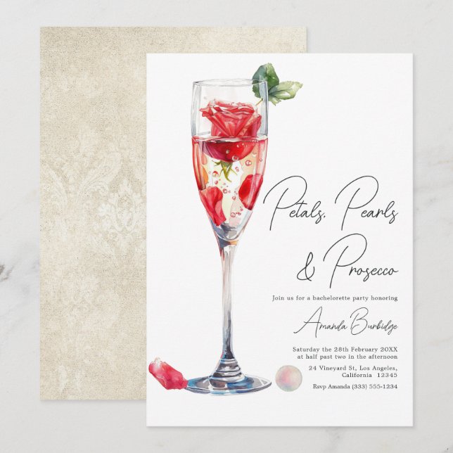 Petals, Pearls & Prosecco Bachelorette Party Invitation (Front/Back)