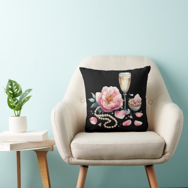 Petals Pearls Prosecco Bridal Shower Decor Throw Pillow (Chair)