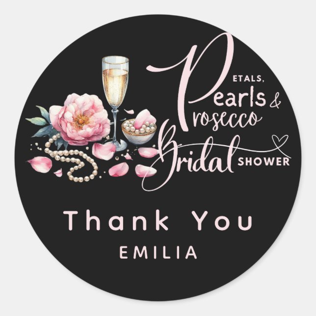 Petals Pearls Prosecco Favors Bridal Shower Classic Round Sticker (Front)