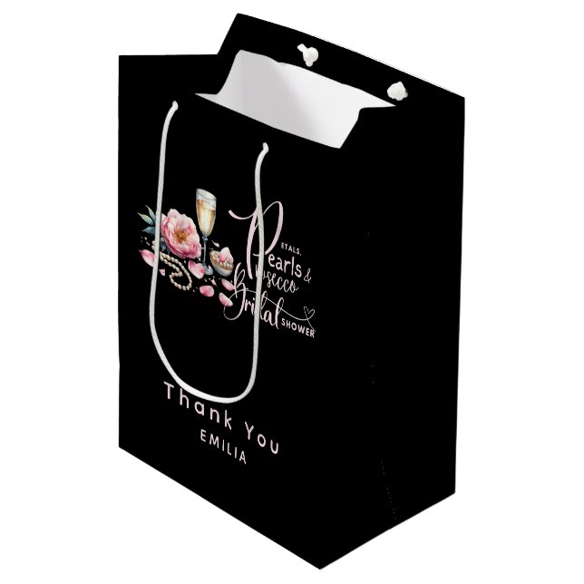 Petals Pearls Prosecco Favors Bridal Shower Medium Gift Bag (Front Angled)