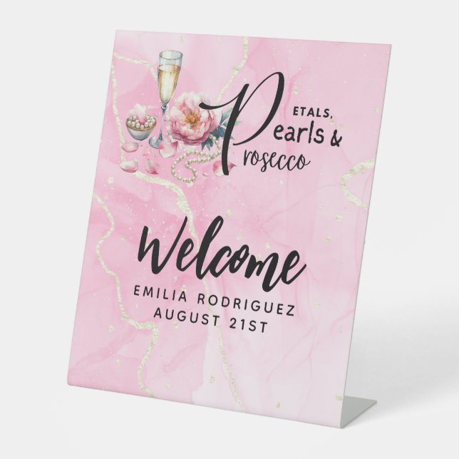 Petals Pearls Prosecco Favors Bridal Shower Pedestal Sign (Front)