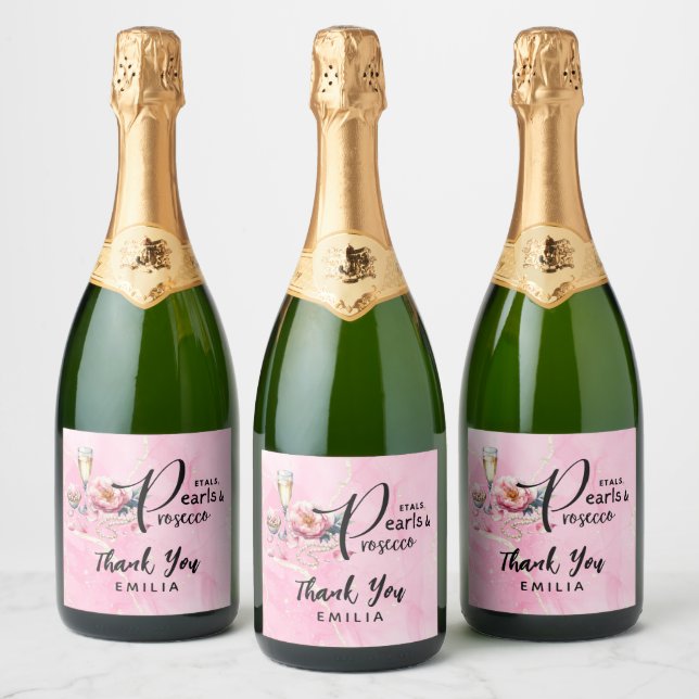 Petals Pearls Prosecco Favors Bridal Shower Sparkling Wine Label (Bottles)