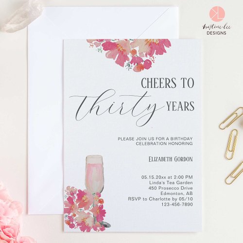 Petals  Prosecco 30th Birthday Floral Pink Chic Invitation