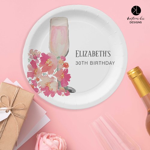 Petals  Prosecco 30th Birthday Floral Pink Chic Paper Plates