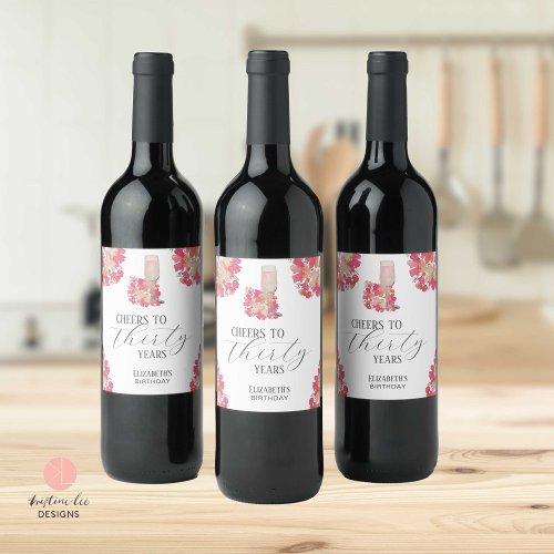Petals  Prosecco 30th Birthday Floral Pink Chic Wine Label
