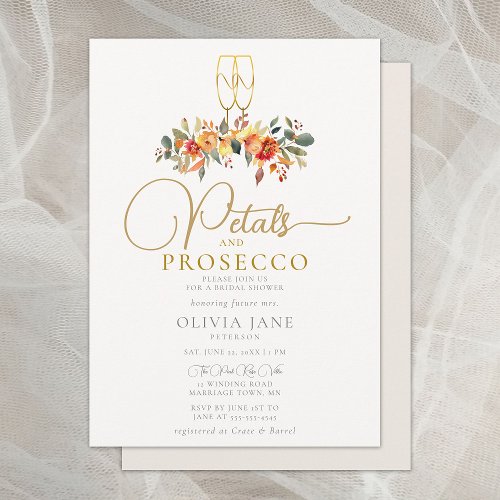 Petals Prosecco Autumn Gold Fall Bridal Shower Invitation