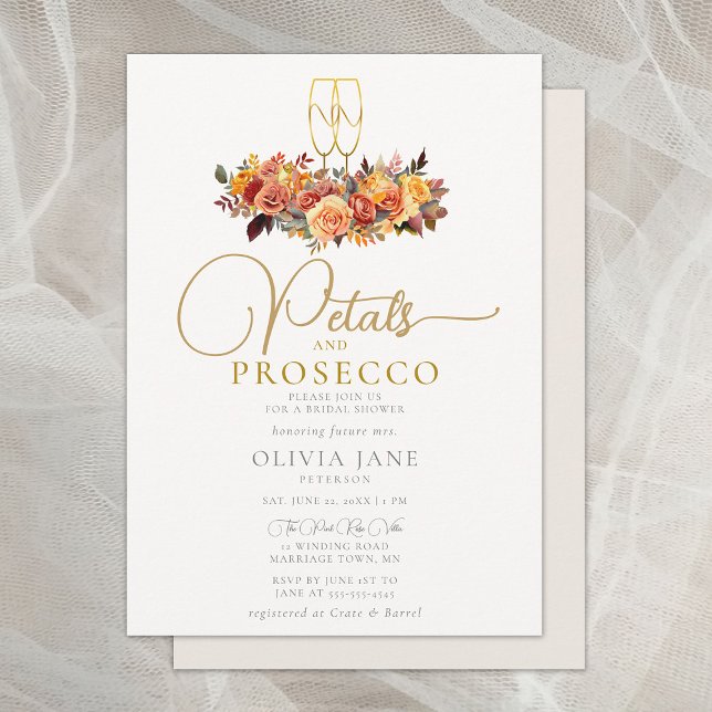 Petals Prosecco Autumn Roses Fall Bridal Shower Invitation (petals prosecco fall leaves roses bridal shower invitation elegant rustic boho autumn gold botanical)