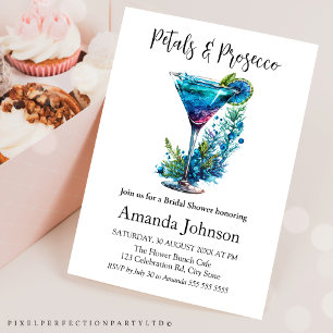 Petals & Prosecco Blue Floral Blush Bridal Shower Invitation