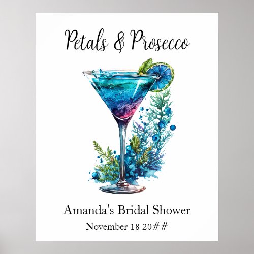 Petals  Prosecco Blue Floral Blush Bridal Shower  Poster