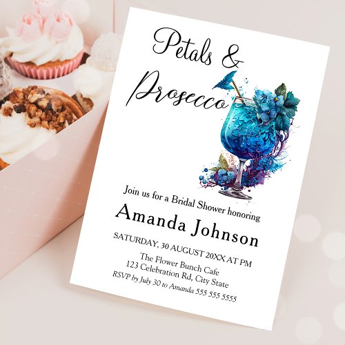 Petals  Prosecco Blue Floral Bridal Shower Brunch Invitation