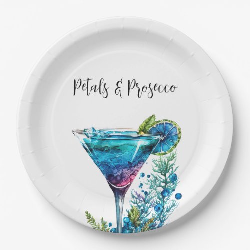 Petals  Prosecco Blue Floral Bridal Shower  Paper Plates