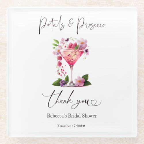 Petals  Prosecco Blush Pink Floral Bridal Shower Glass Coaster