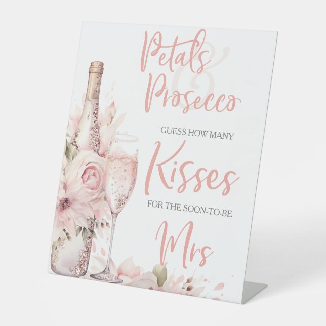 Petals & Prosecco Blush Pink Floral Bridal Shower Pedestal Sign (Front)